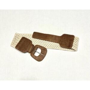 Women's White Crochet Faux Leather Straps and Buckle Elastic Belt Size Medium
